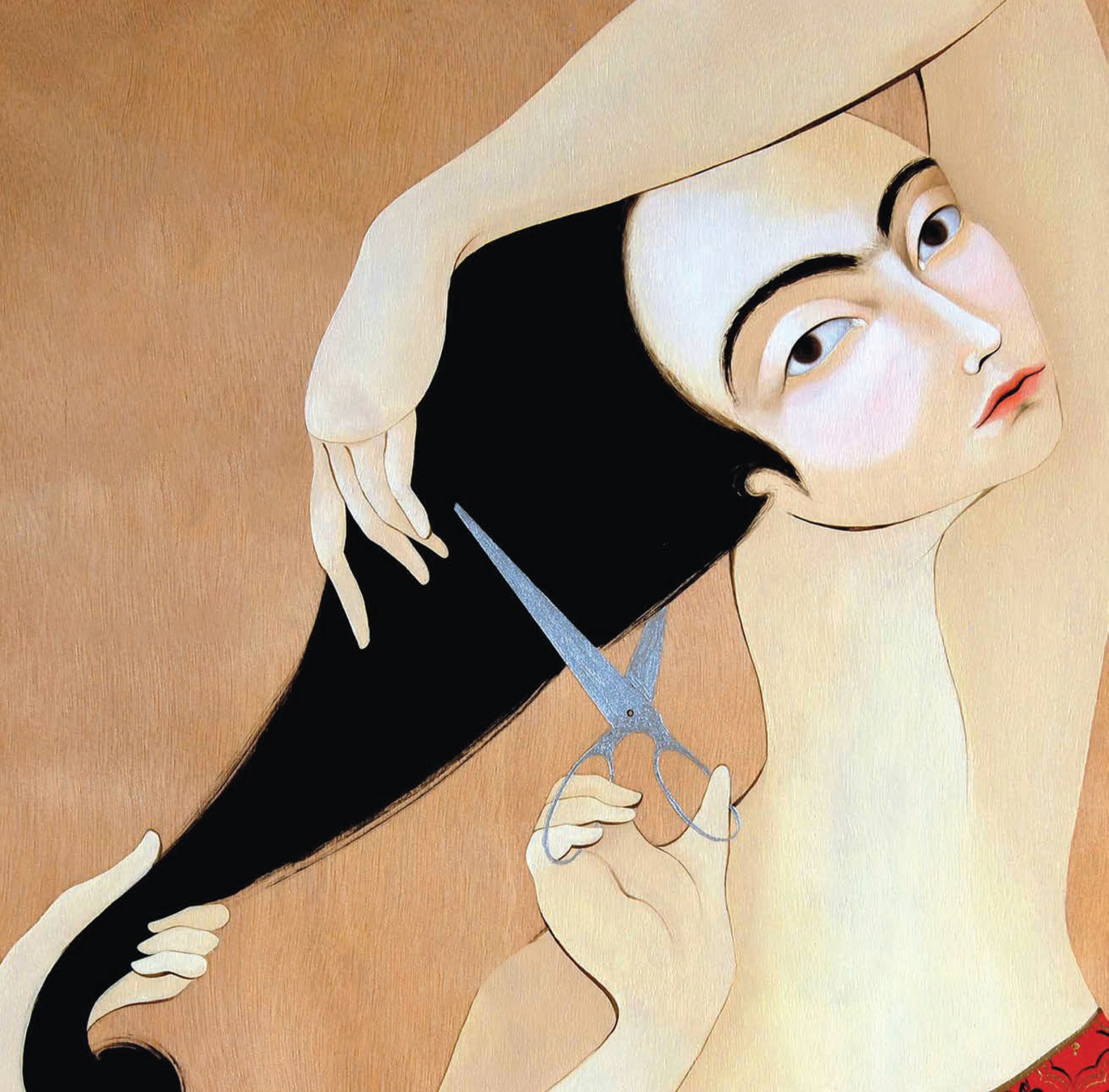 Illustration of a pale-skinned person with long black hair holding scissors near their hair as if about to cut it.