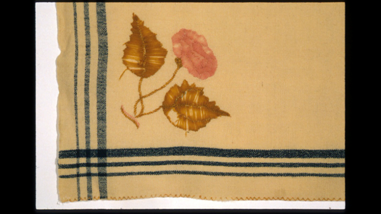 Rose blanket. Northeastern USA. 1875-1899. Embroidered wool tabby. 966.242.11. Gift of Louise Hawley Stone.