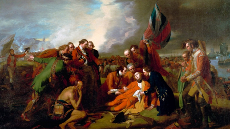 A group of men in 18th-century attire gathered under stormy skies as one man on bended knee presents a sword to another seated man holding a flag.
