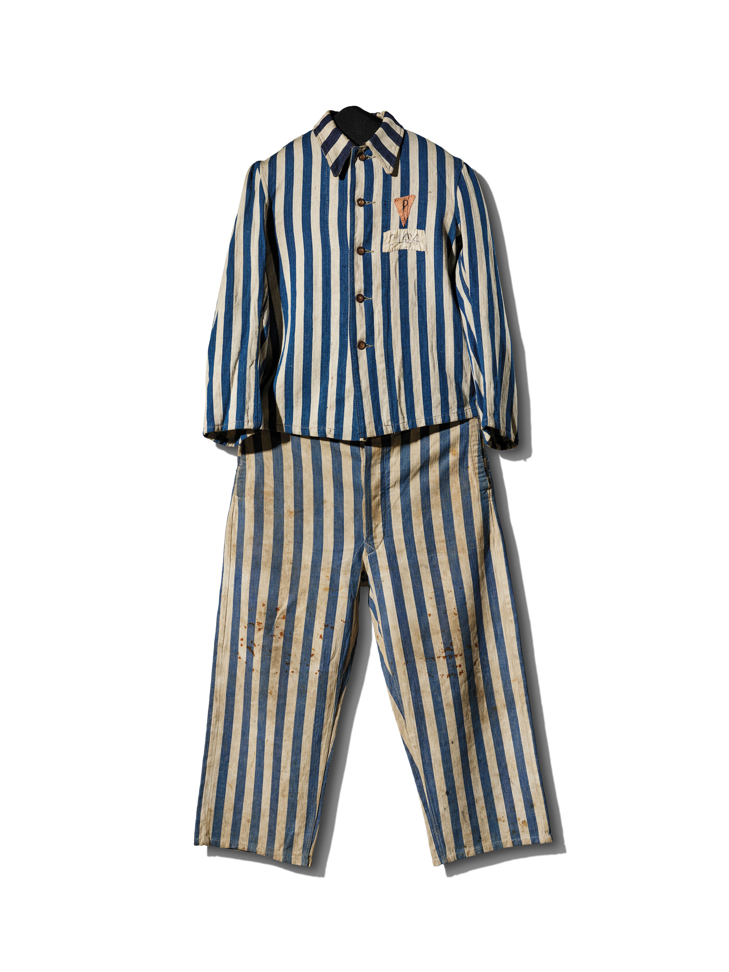 Blue and white striped uniform worn by Marian Kostuch, held as a Polish political prisoner (1940–44)