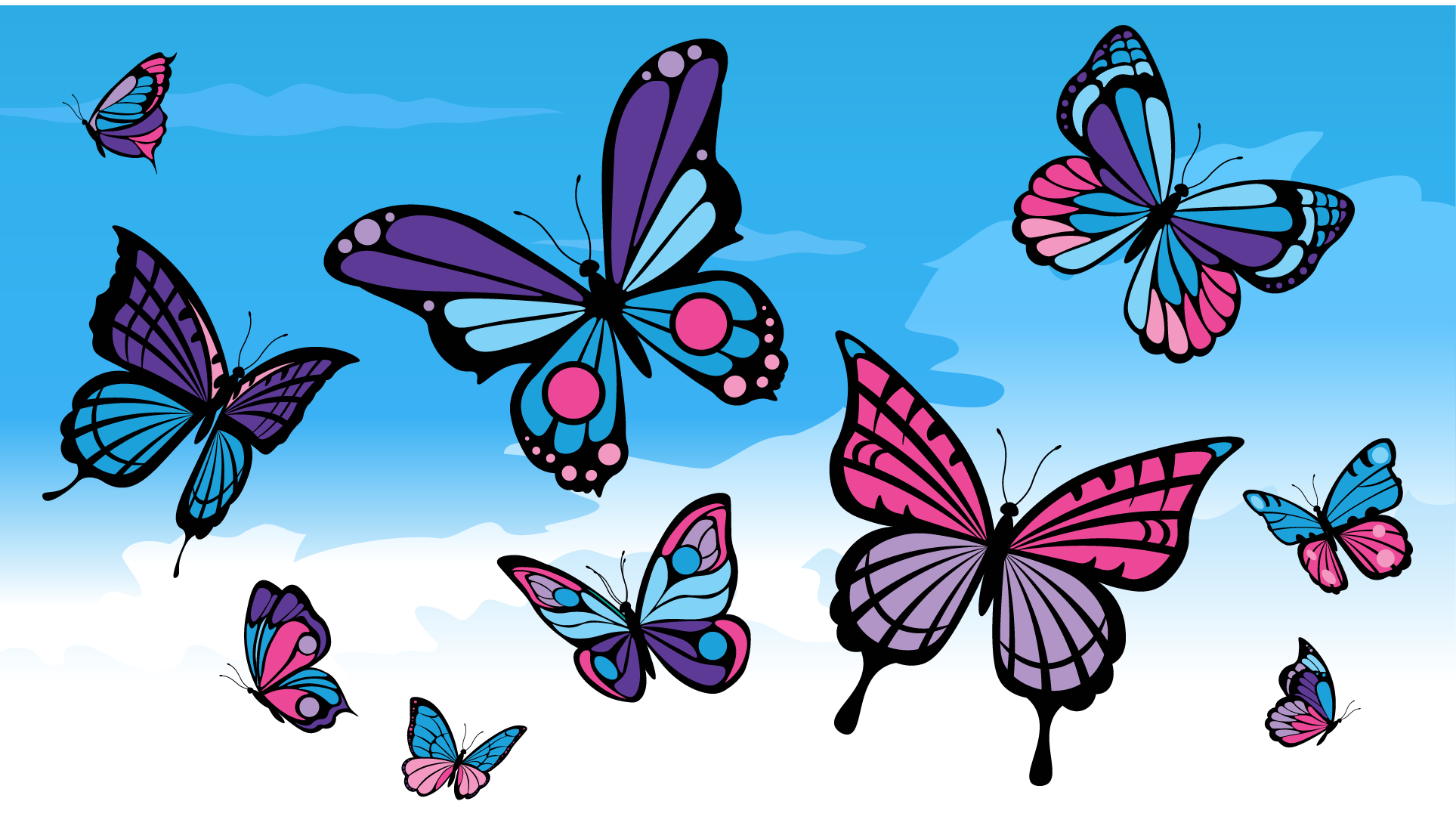 Butterfly drawings in blue, pink and purple against a blue sky