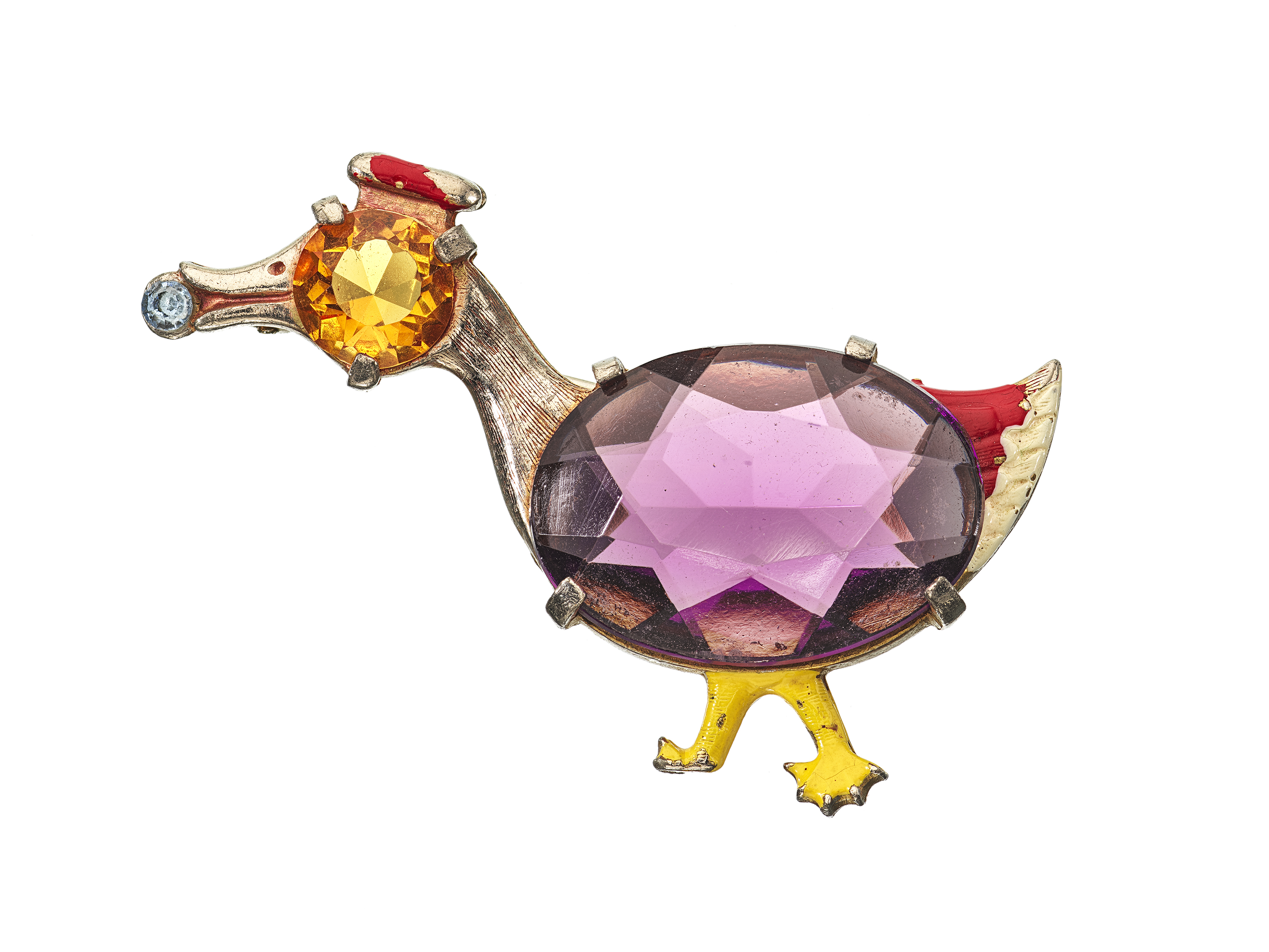 Broche de femme représentant un canard, en argent sterling avec strass et émail, années 1940, 2019.104.154. ROM. Don de Carole Tanenbaum.
