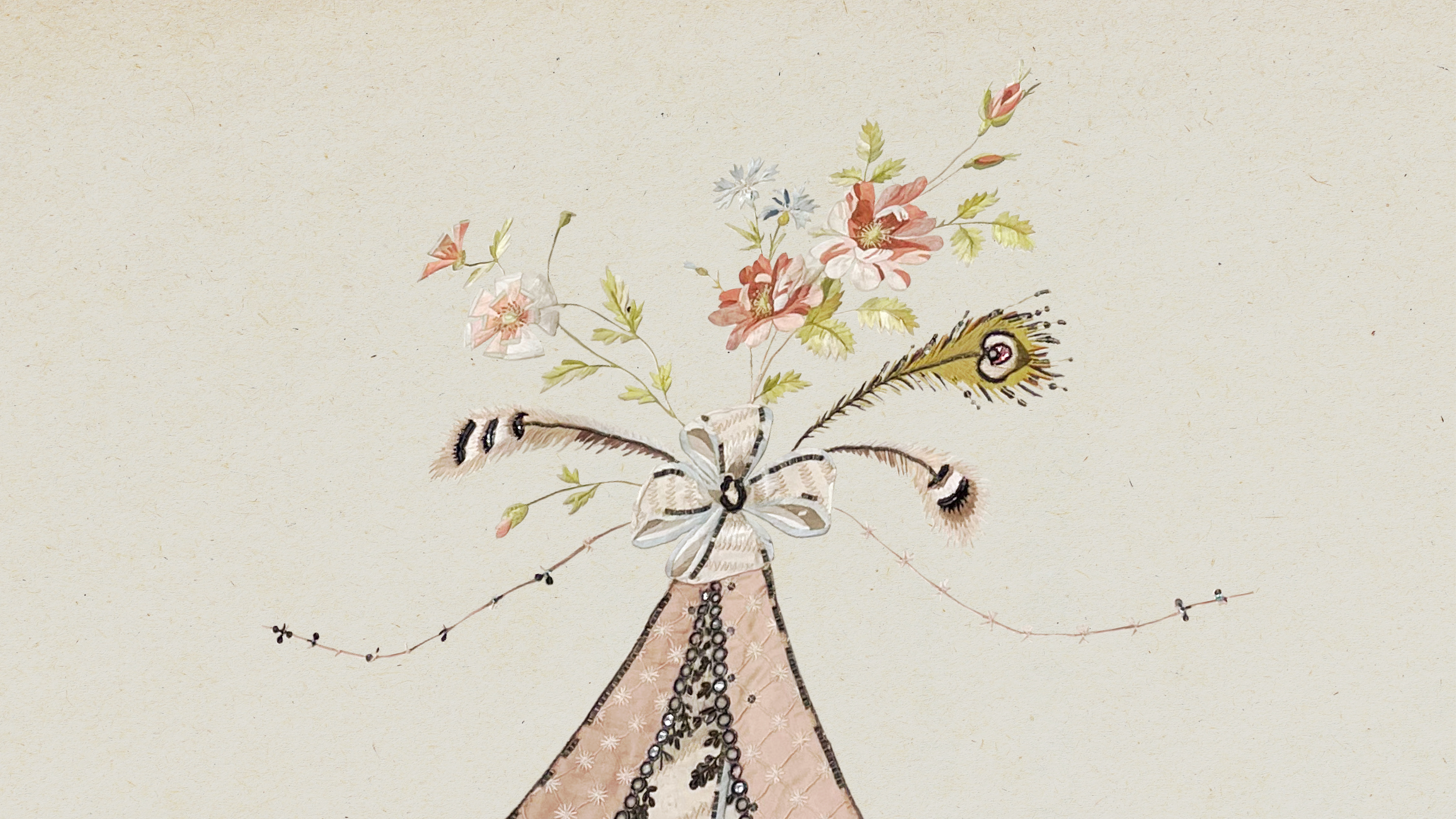 Drawing of a teepee with flowers, feathers, and an eye symbol rising from its top.