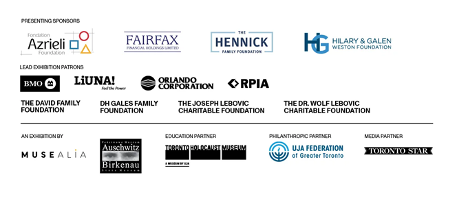 The image shows multiple logos of foundations and organizations including Azrieli Foundation, FAIRFAX, HENNICK, HG Helmsley Gaelsin, LUMA Foundation, Max Bell Foundation, York University, Ontario Heritage Trust, Musealia, and others displayed in a grid.