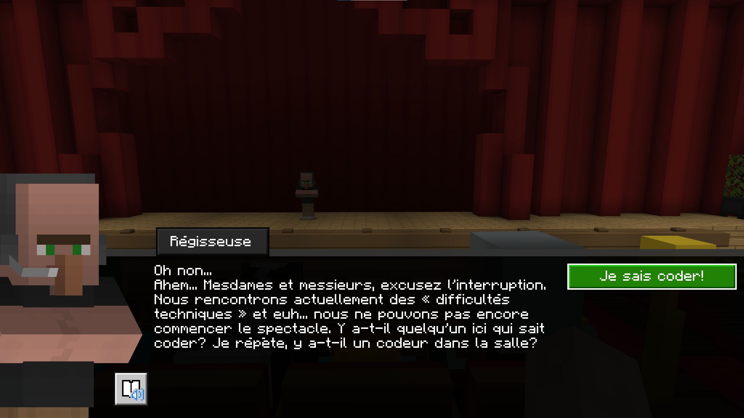 A screenshot of a Minecraft character standing on stage in a crowded theatre  asking the in French if there are any coders in the audience.