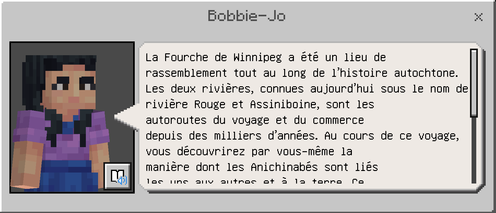 A screenshot of a dialogue bubble showing a character portrait and a French name and text