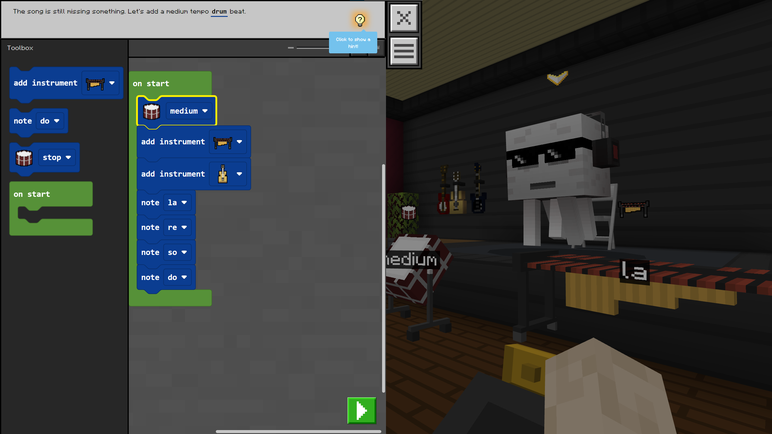 A Minecraft screenshot shows a window with code to play a song, superimposed over a ghast wearing sunglasses on a stage