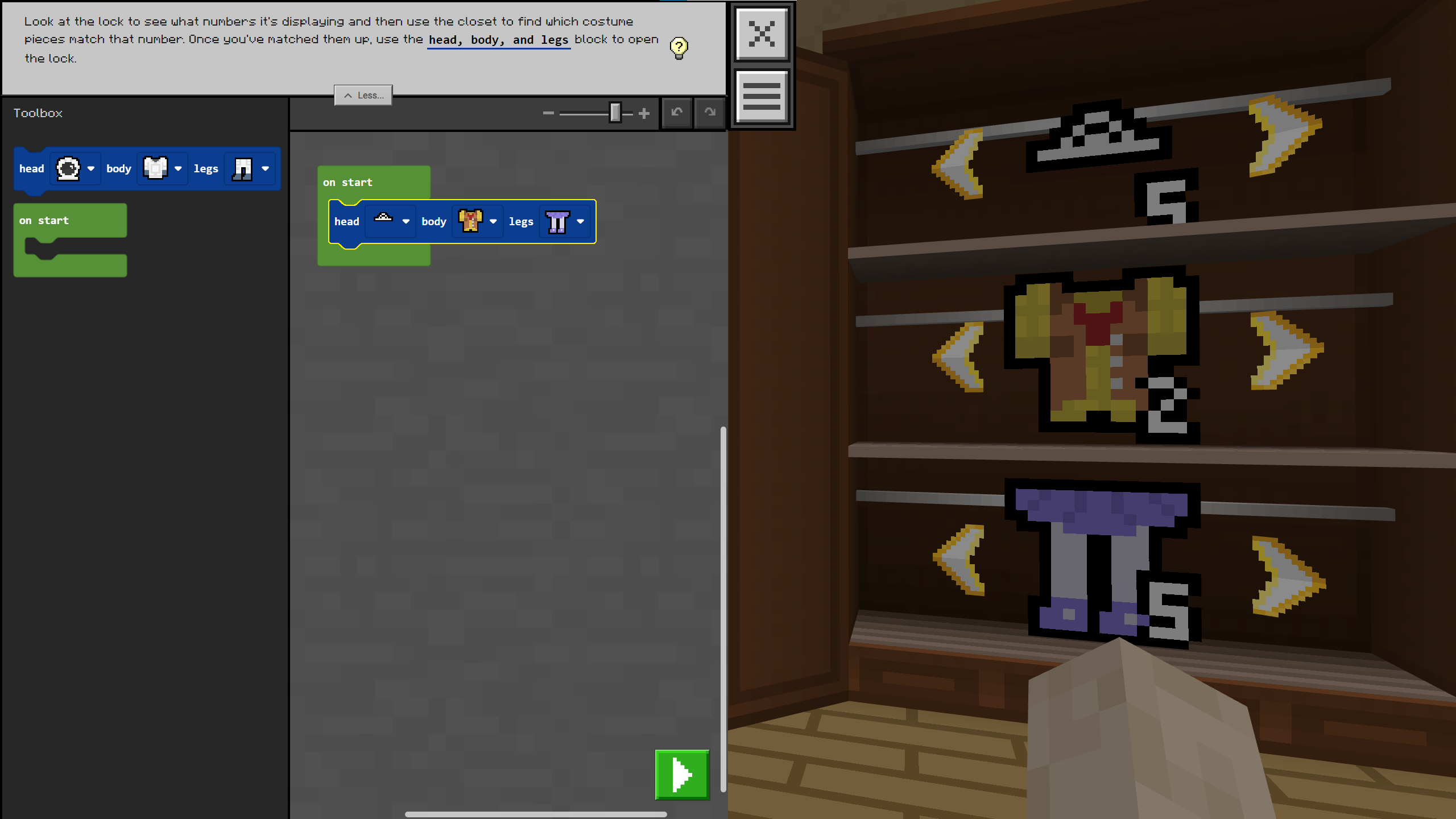 A Minecraft screenshot of a code window matching clothing styles to a series of numbers displayed on the head, body, and legs costume elements in a wardrobe