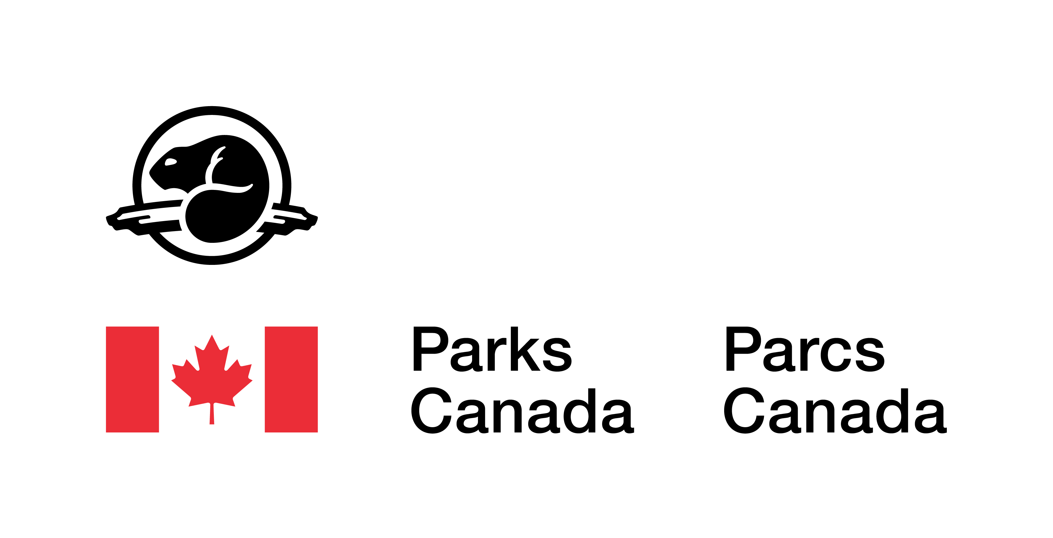 Parks Canada logo with a stylized black beaver graphic and black text beside a red Canadian flag, saying "Parks Canada" and "Parcs Canada."
