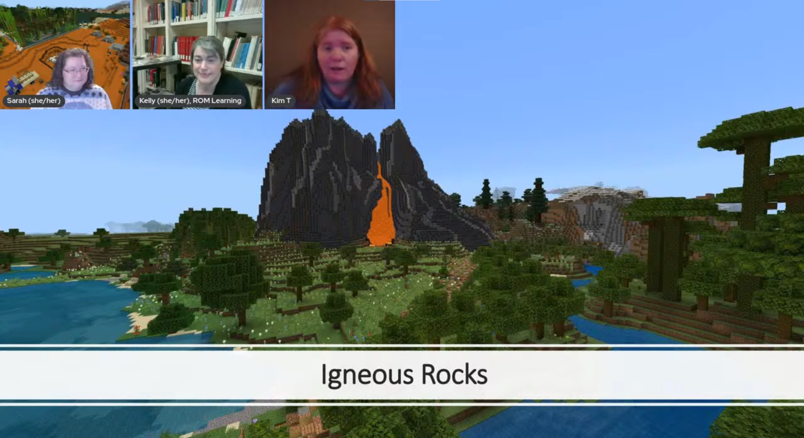 A Minecraft screenshot of a volcano with the words Igneous Rocks across the bottom. Three women appear in face cams at the top left of the image.