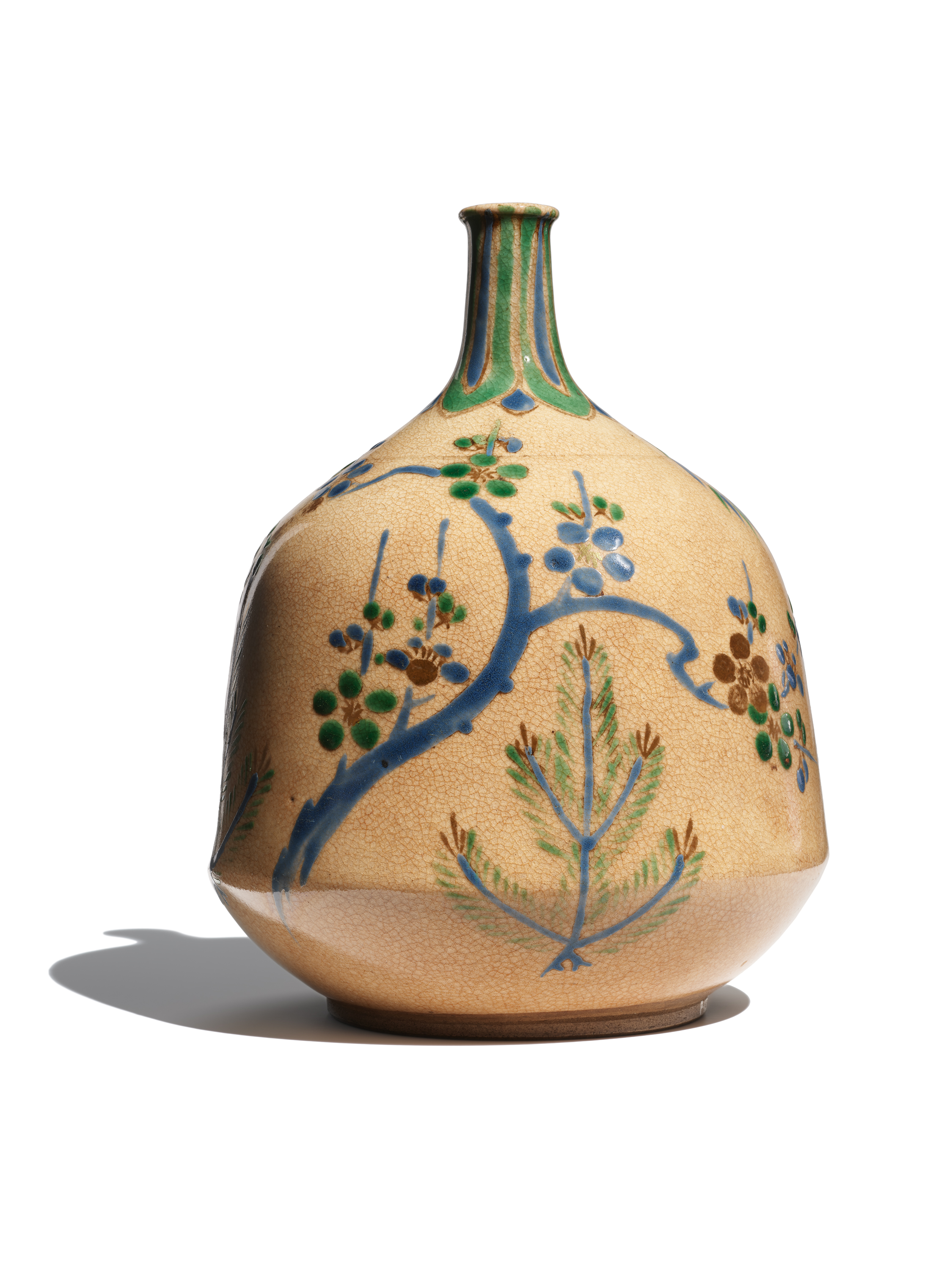 Ceramic vase with a bulbous body and narrow neck, decorated with blue floral and branch patterns on a beige background.