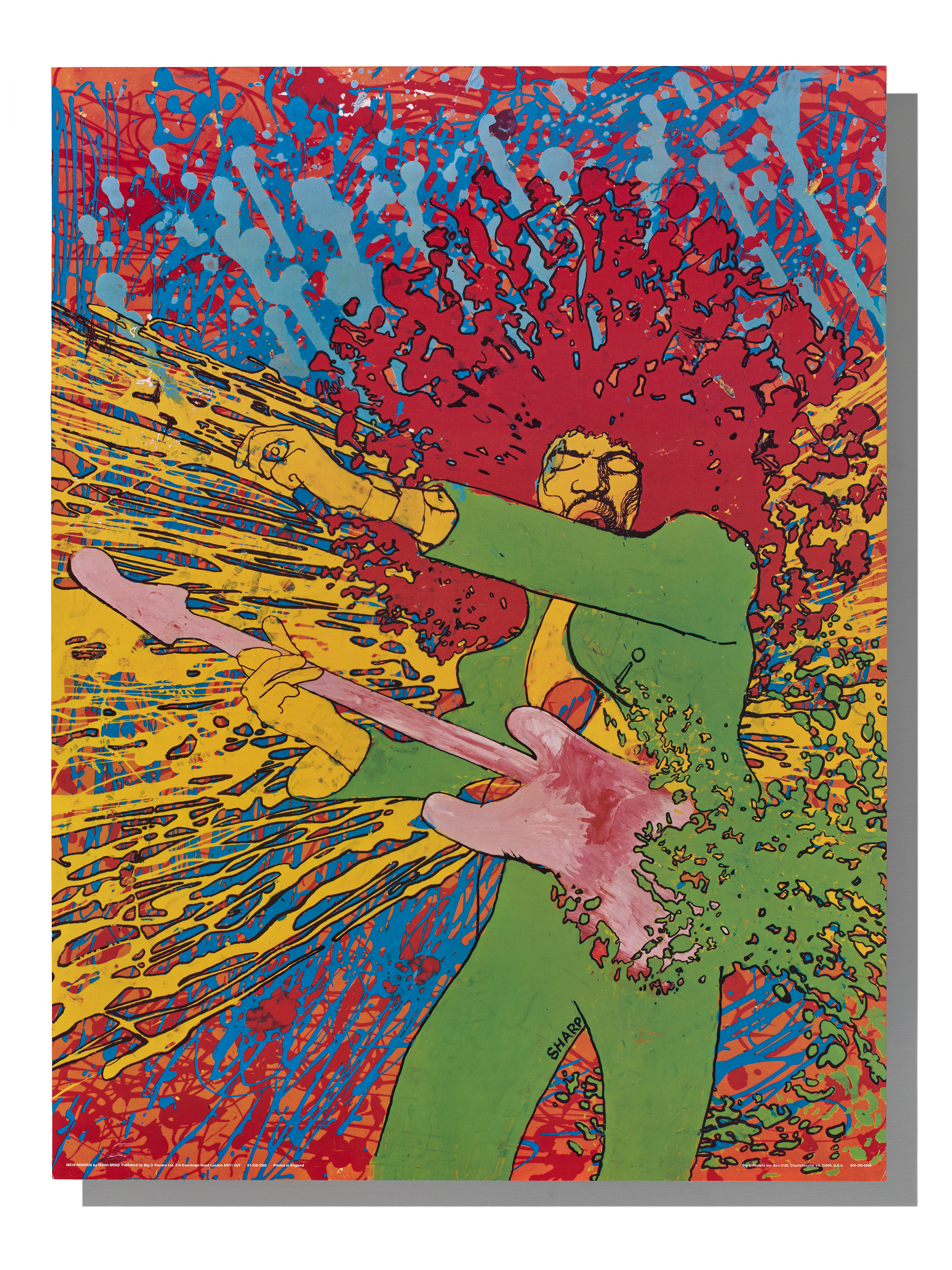 A green silhouette holding a shotgun with multicolored splatters of paint radiating outward.