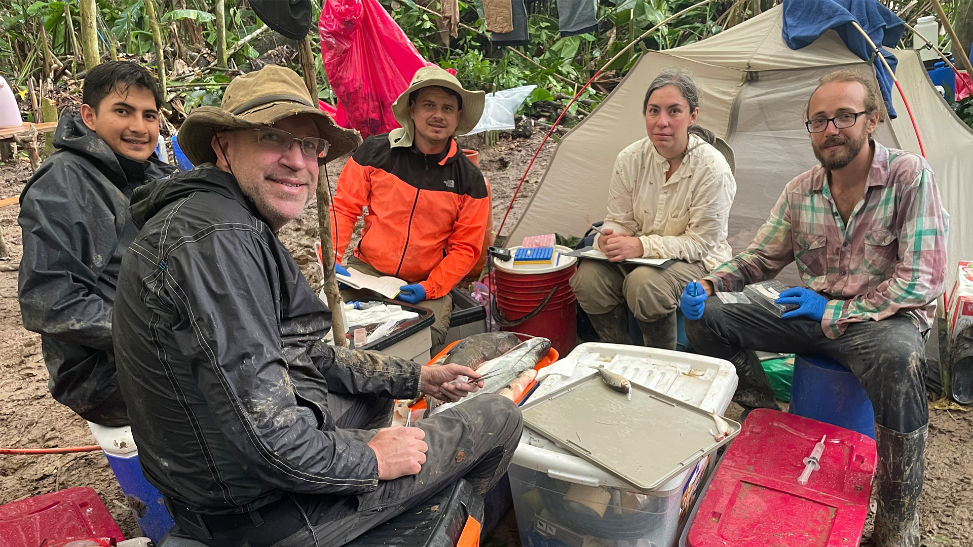 Sitting on buckets and boxes, Lujan and colleagues process an array of fresh specimens.