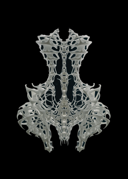 Symmetrical, abstract 3D-printed sculpture resembling an organic or skeletal structure on a black background.