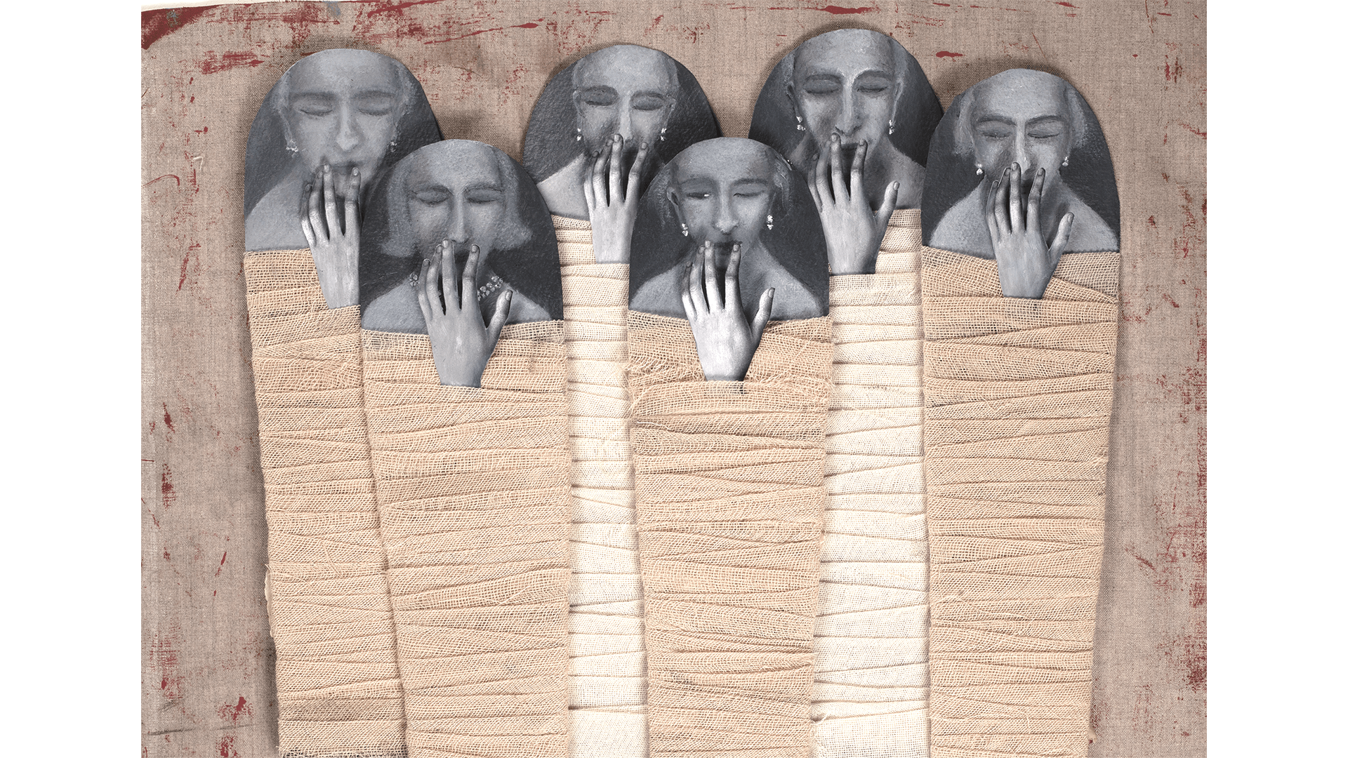 Print with six figures with hands over their mouths
