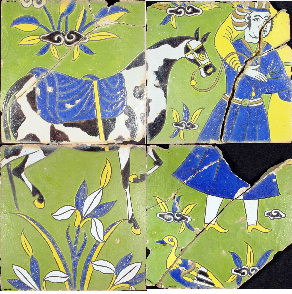 Ceramic tile artwork showing a person in blue clothing leading a spotted horse with floral patterns on a green background.
