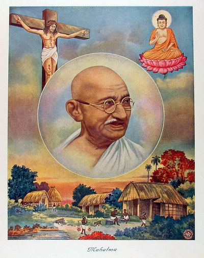 Portrait of Mahatma Gandhi with a rural village scene and images of Jesus on the cross and Buddha above.