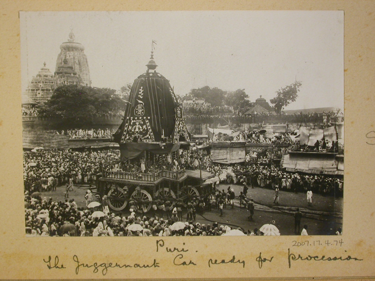 The Judgment Car ready for procession handwritten below a black and white photo of an elephant procession.