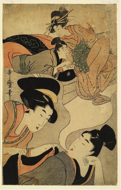Japanese ukiyo-e style artwork showing four people in traditional clothing with elaborate hairstyles.