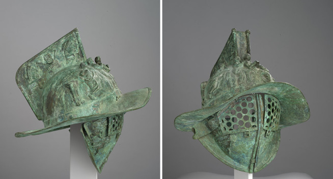Two views of an ancient bronze helmet featuring a tall crest and perforated cheek guards.
