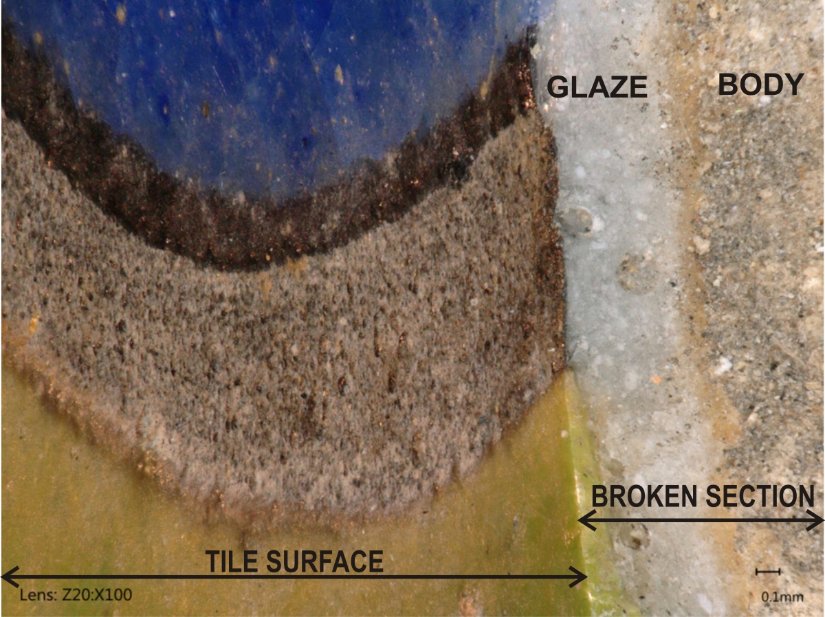 Close-up of a ceramic tile showing labeled parts: glaze, body, broken section, and tile surface.