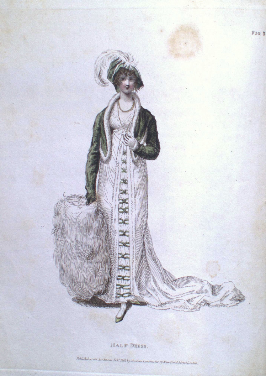 Fashion plate showing a woman in a long white dress with black accents and a large feathered hat, holding a large fur muff.