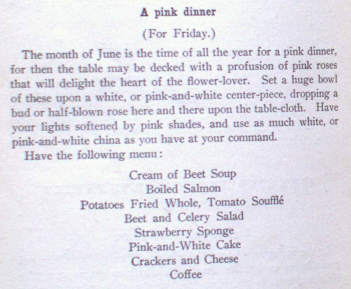 A pink dinner menu listing dishes like cream of beet soup, boiled salmon, potato salad, and pink-and-white cake.
