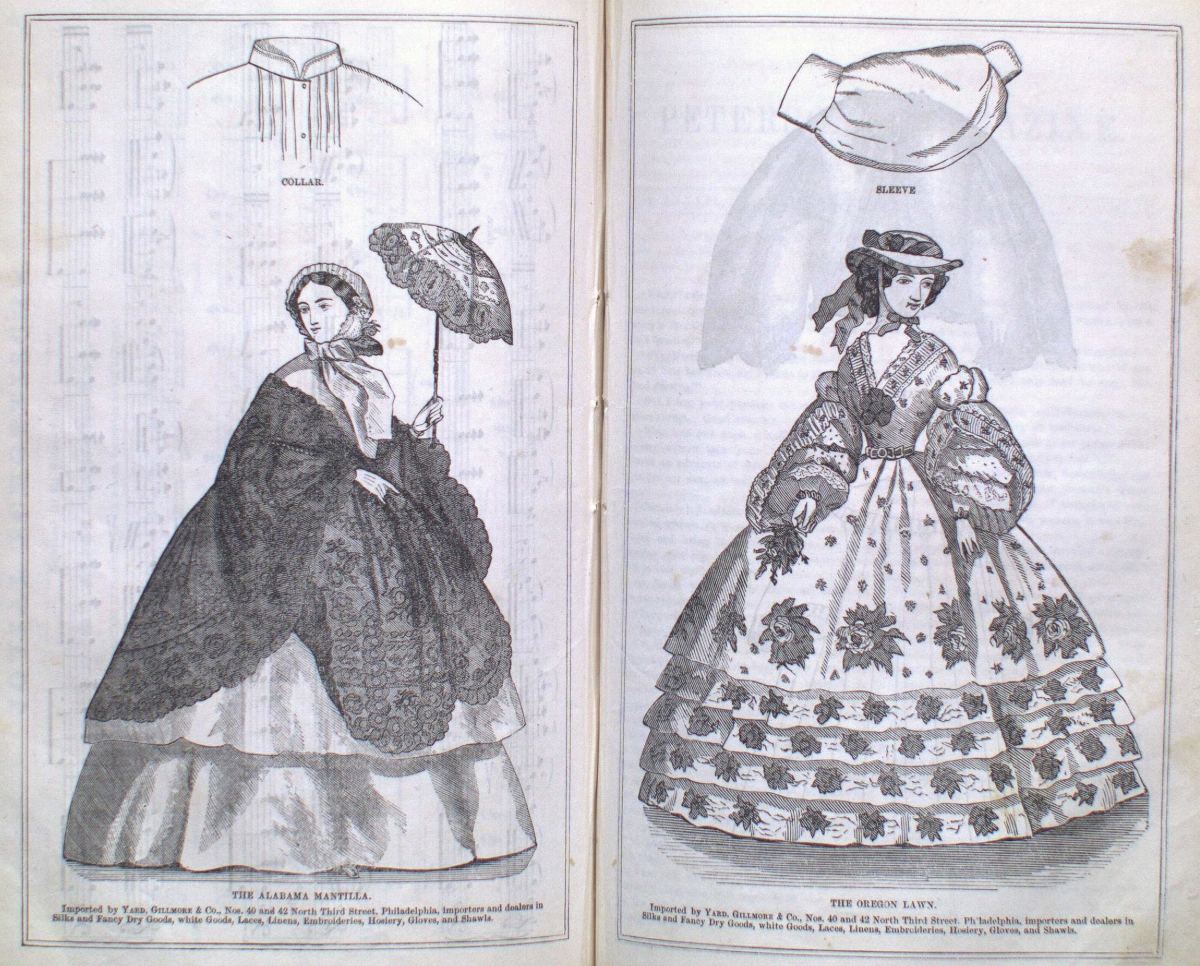 Two black and white fashion sketches of women wearing Victorian-era dresses, one holding an umbrella.