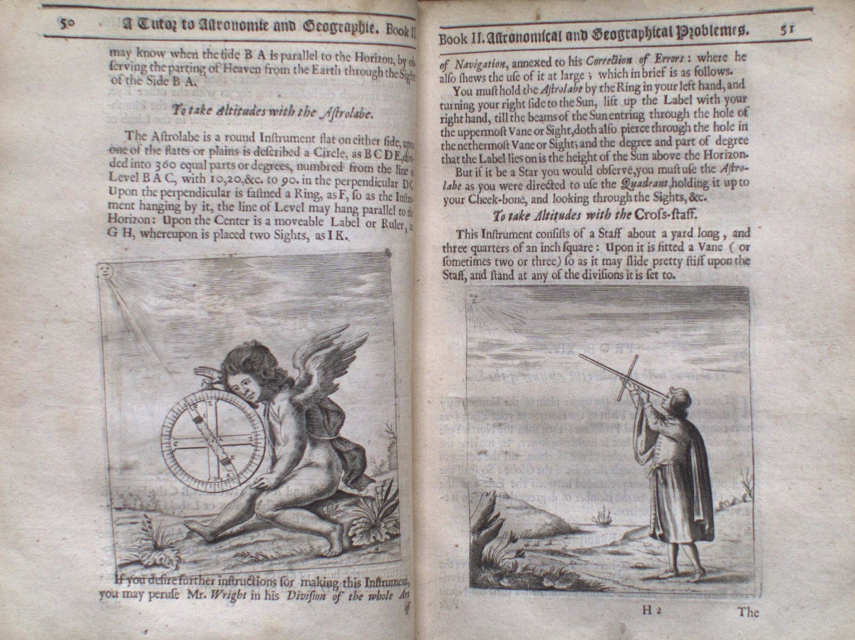 Two-page spread from an old book showing text passages in German and two illustrations, one of a cherub with a wheel and the other of a man pointing a telescope at the sky.