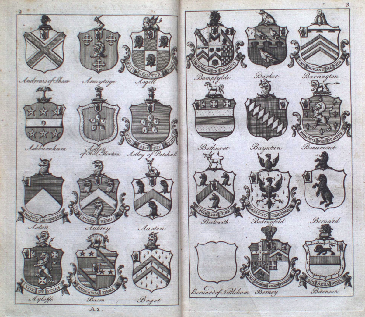 Twenty-four black and white engraved heraldic shields and crests arranged in four rows across two pages.