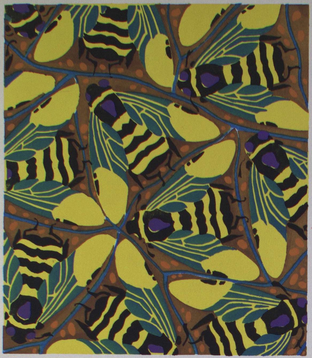 Repeating pattern of yellow and purple butterfly or moth wings with a stylized, abstract design.