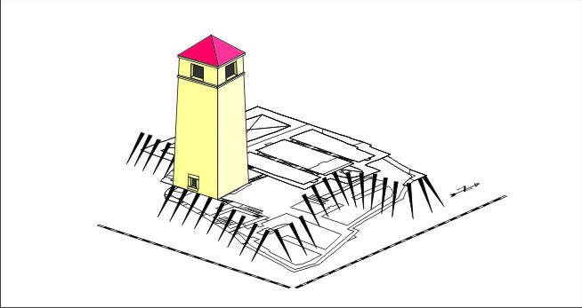 Illustration of a pale yellow lighthouse with a pink roof on a rocky platform surrounded by stairs.