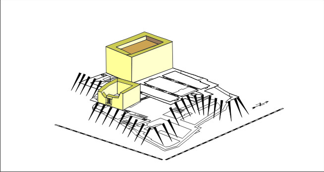 Architectural illustration of a tiered structure with a central yellow and beige cubic building and multiple staircases surrounding it.