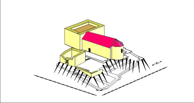 Simplified architectural illustration of a house with yellow walls, a red roof section, and multiple staircases.