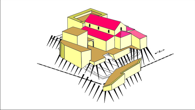 Diagram of a building structure with block-style rooms in beige and red roofs, surrounded by contour lines.