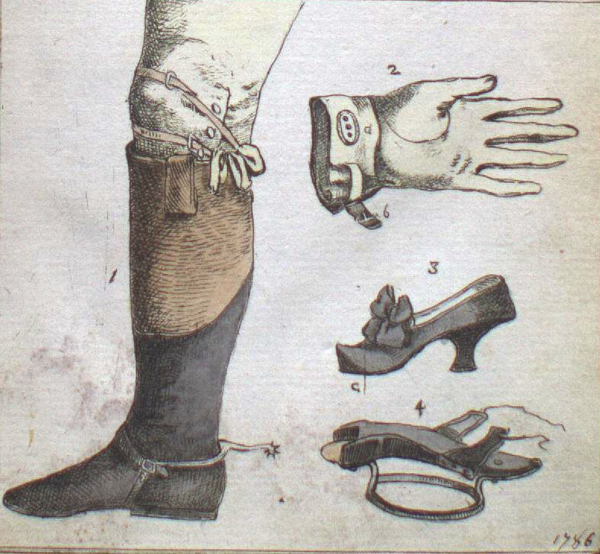 Leather boot with knee pad, wrist cuff with buckle, shoe with heel and front buckle, leather belt, and strap buckle.