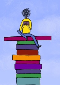 Drawing of a person sitting cross-legged on a tall stack of multicolored books, reading a yellow book against a blue sky background.