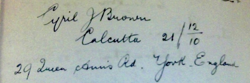 April P Brown Calcutta 21/12 29 Queen Louise St. York. England