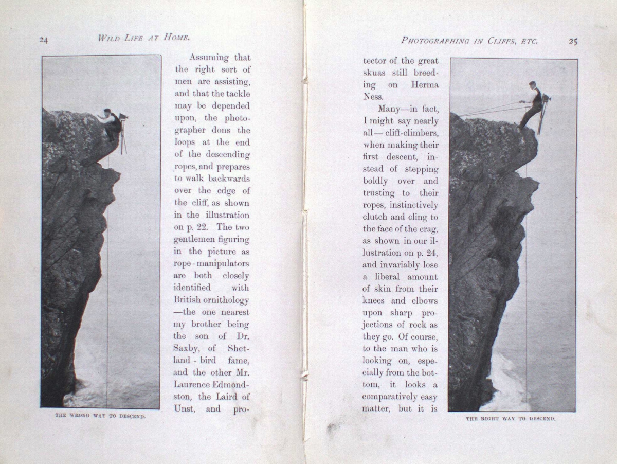 Two black and white photographs with accompanying French text showing a man climbing a steep cliff.