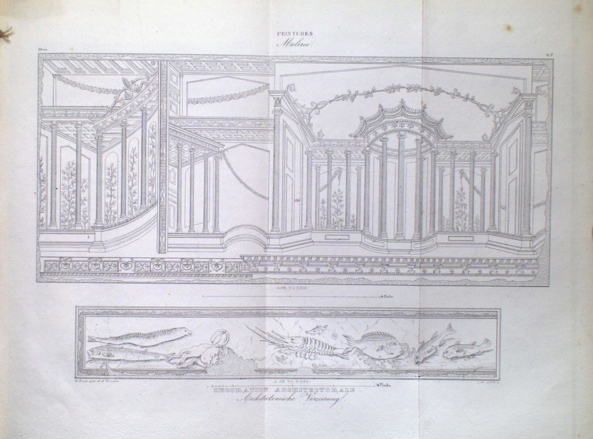 Architectural drawings of three decorative window designs with detailed moldings and a panel with sculpted human and animal figures.