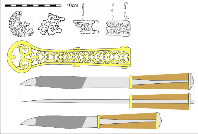 Diagram showing a large decorative key with intricate patterns and three knives with wooden handles and metal blades arranged underneath it.