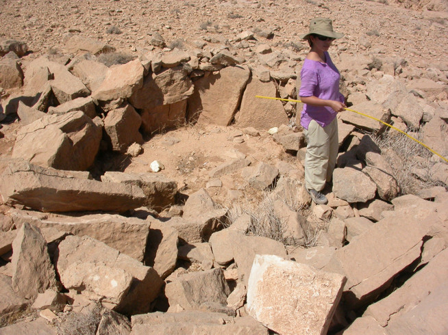 A person wearing a pink shirt and hat stands in a rocky archaeological excavation site in a desert landscape.