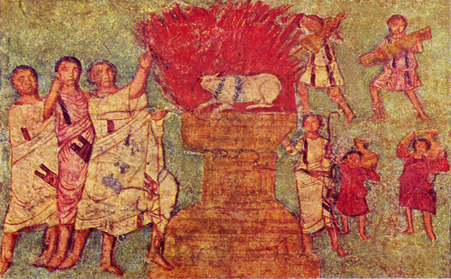 Fresco painting depicting a sacrificial altar with a large fire and several figures in ancient attire surrounding it.