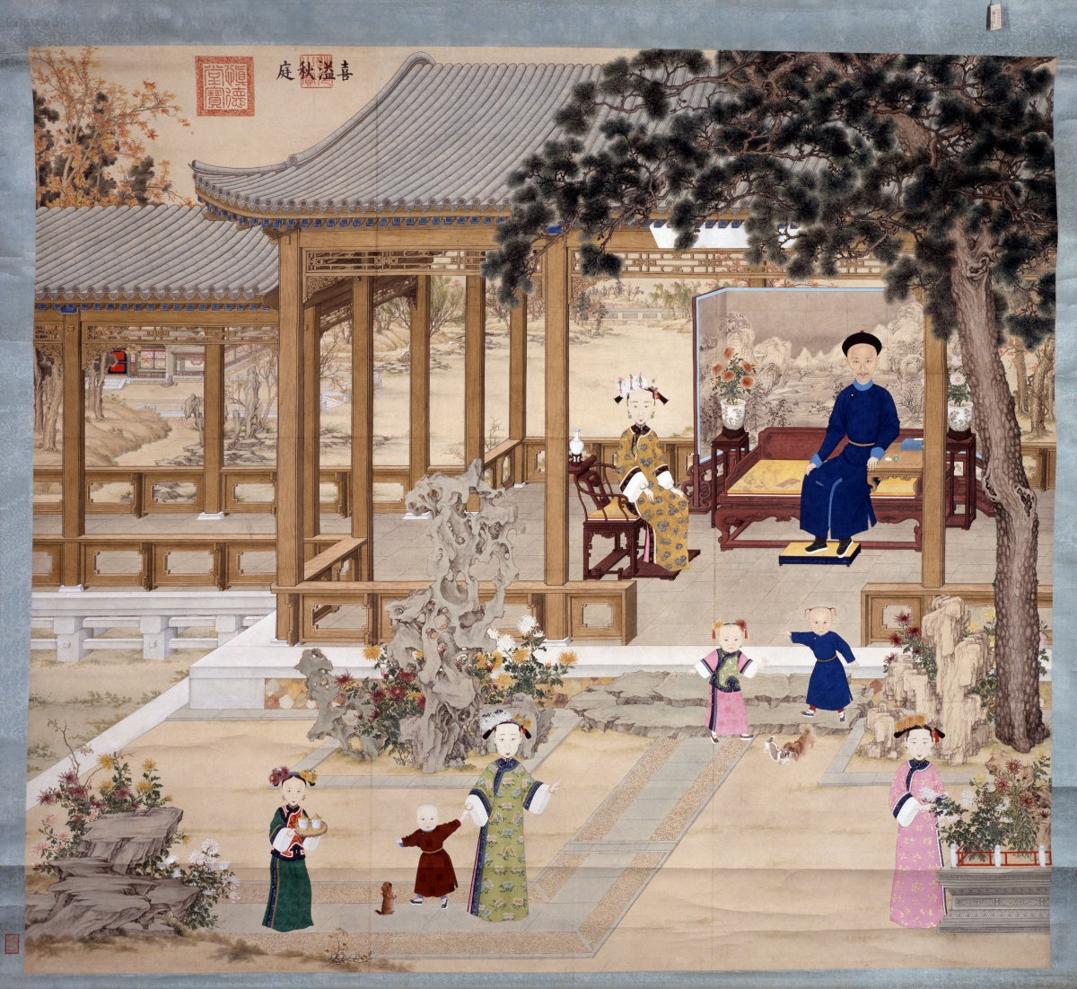 No visible text; painting of people in traditional Asian clothing gathered in a courtyard outside a pavilion with ornate wooden columns and detailed architectural elements.