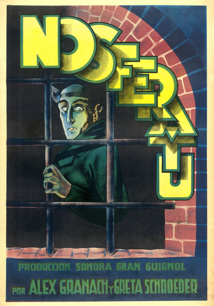 NOSFERATU in large yellow stylized letters with an illustration of a man with pale skin and dark clothing behind window bars.