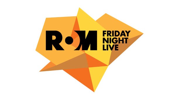 ROM Friday Night Live logo with black and orange text on a geometric orange polygon background.