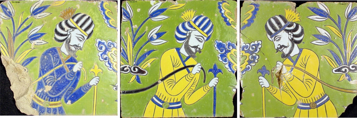 Triptych artwork depicting three stylized birds perched on branches with leaves and flowers on a green background.