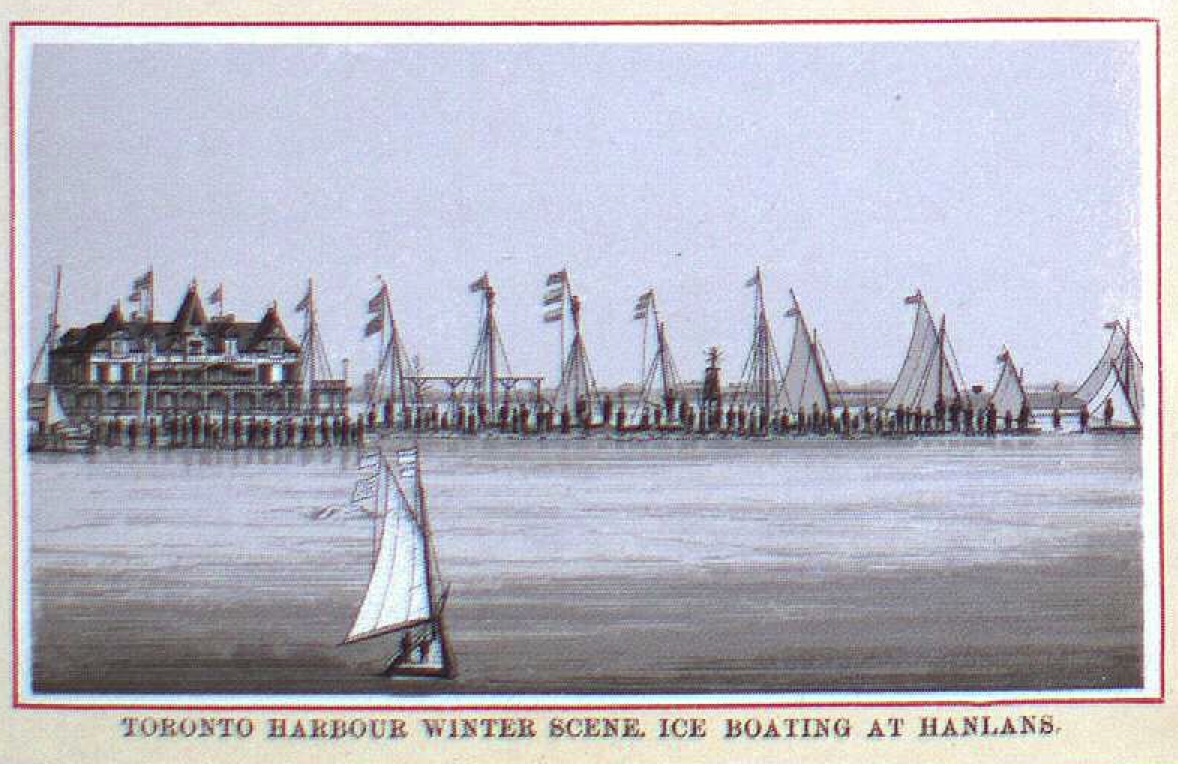 TORONTO HARBOR WINTER SCENE. ICE BOATING AT HARBLAN.