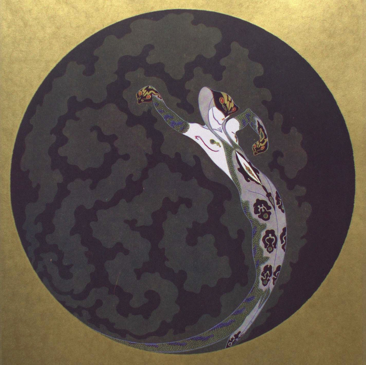 Abstract circular artwork with a dark swirling background and a snake-like figure decorated with floral patterns.