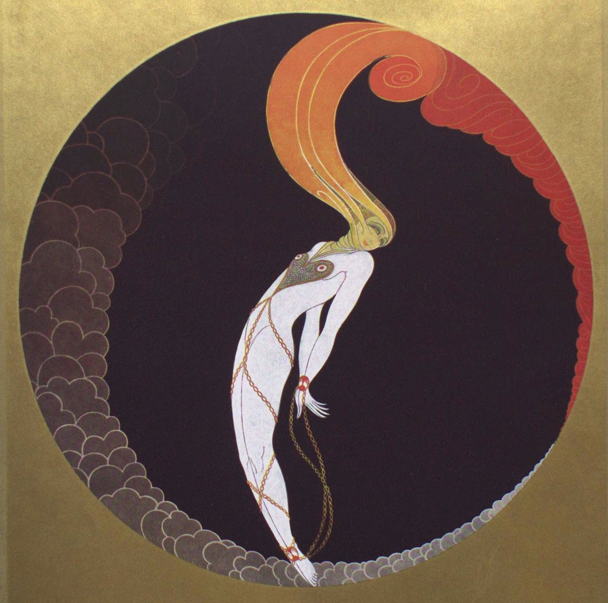 Art Nouveau style illustration of a woman in a flowing white gown with an orange and red plume against a dark circular background.